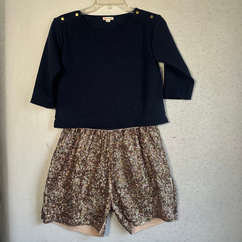 Crewcuts Girls Navy Top and Rose Gold Sequin Shorts one piece Size 14